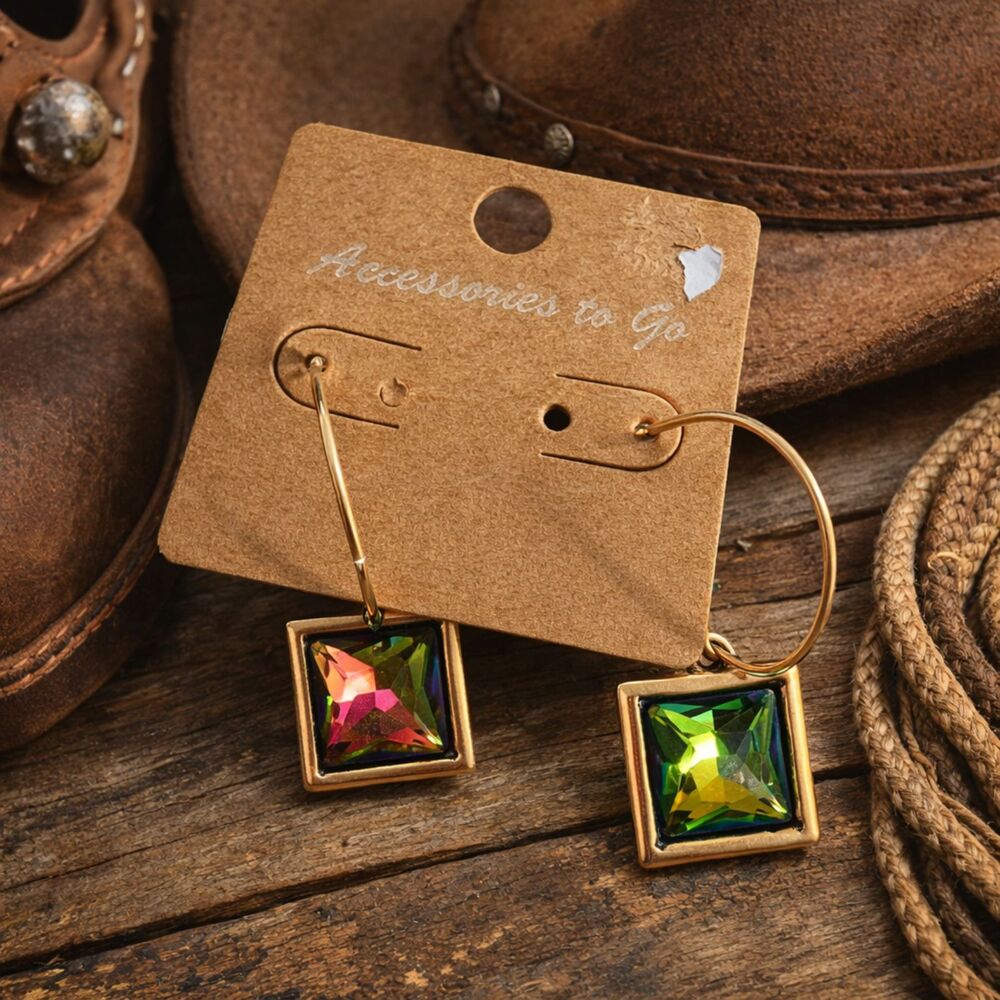 ATG Volcano AB Crystal Dangle Earrings Gold Tone Square Iridescent NWT